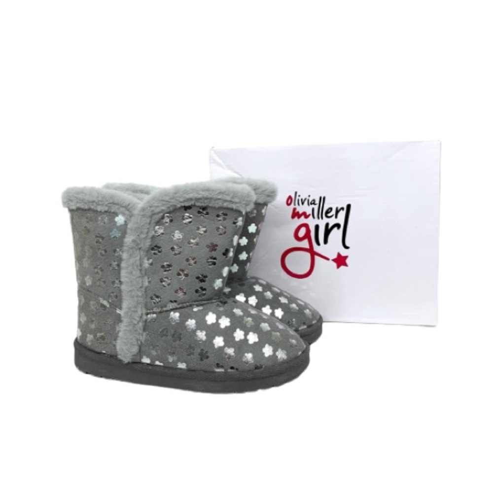 OMG Girls Faux Fur Gray & Silver Metallic Flower Print Winter Boots Nwt Nib